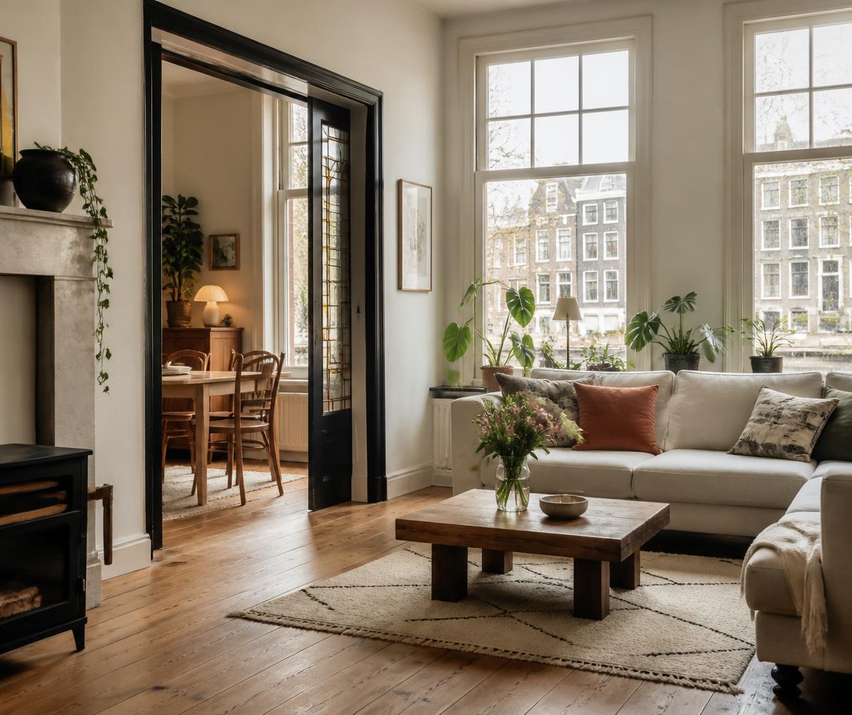 Woonkamer van een Nederlandse woning met houten vloer en daglicht
