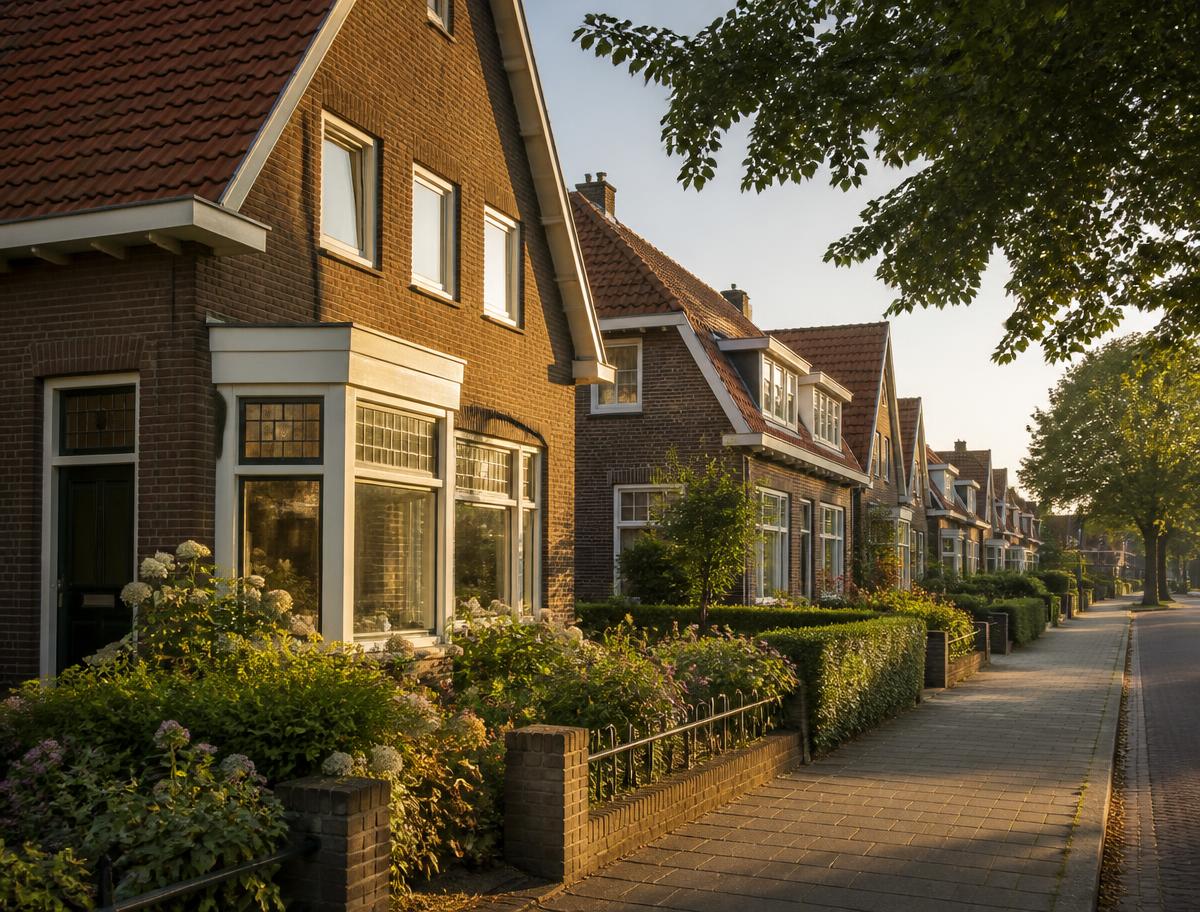 Nederlandse woonstraat met jaren-dertig woningen in het avondlicht